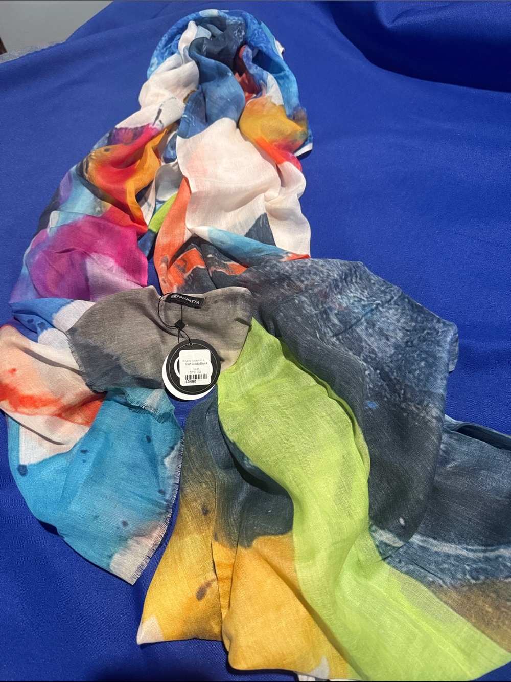 Zara Multicolor Printed Scarf with Blue, Green, Yellow & Pink Accents